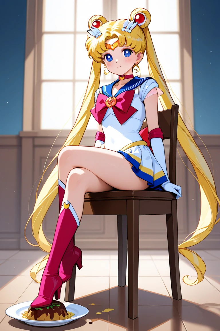 Obra maestra, Mejor calidad, absurdos, perfect anatomy, 1 chica, solo, Luna, 1990s \(Estilo\), rubia marinero luna, (little mom) de pie, sonrisa, tiro de vaquero, Uniforme Marinero Senshi, cuello marinero, Falda azul, Guantes de codo, en pose de espaldas, shows off his booty, Backward, sin tanga, big booty, ultra mini falda, (detallado:1.3), ultra high resolution, ultra detallado, Highly detallado face and skin texture, detallado eyes, double eyelids, dynamic light, (cara muy detallada) sentado con las piernas cruzadas, cruzando las piernas, show legs and booty, buen culo, muy sexy, Booty without thong