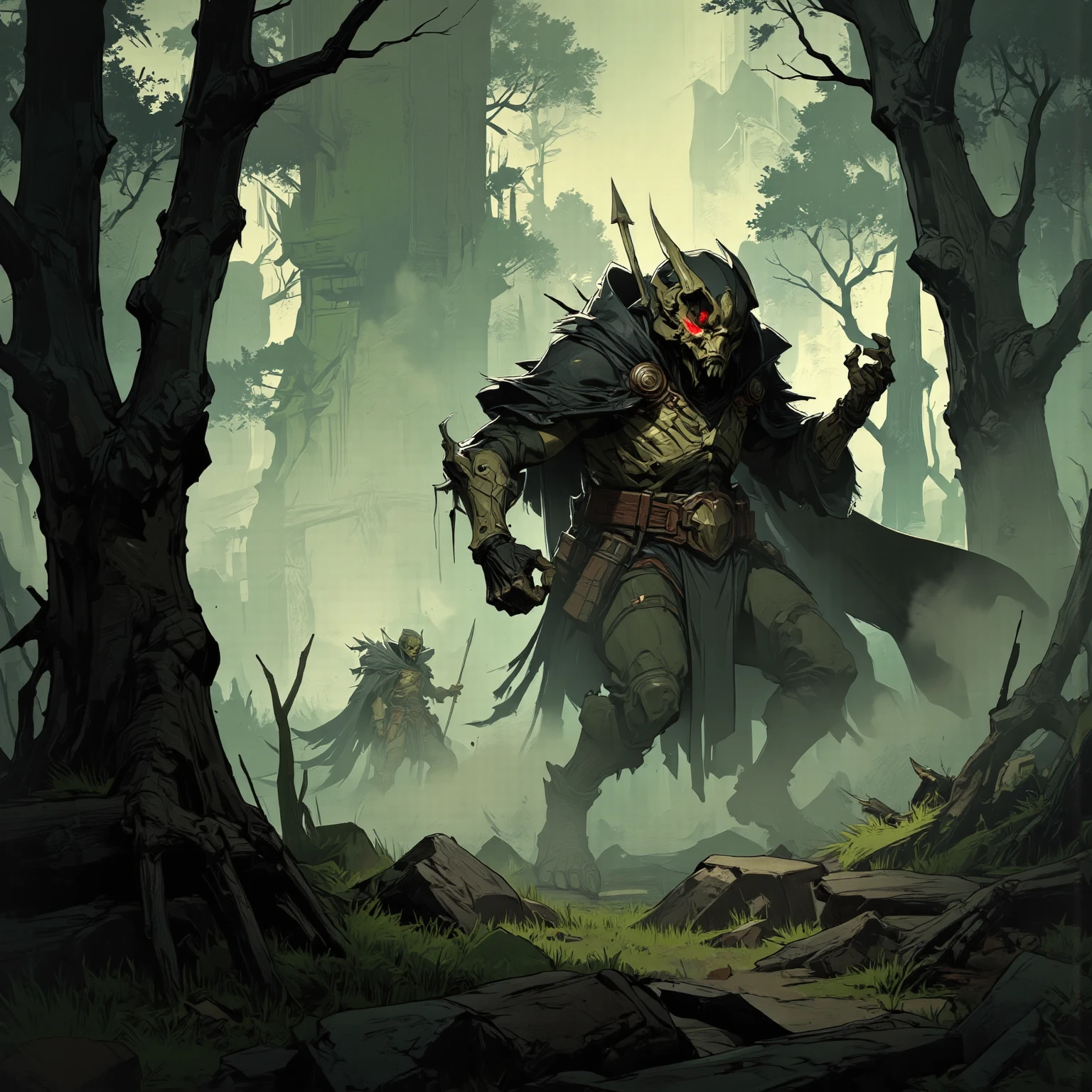 (detailed horn mask:1.2),(tenebrosa,evil) atmosphere,(uncanny,grim,Coraggioso) texture,1 demonic character,sharp fangs,eerie glowing red eyes,long, sharp horns,pale skin,black claws,overgrown tenebrosa forest,grim moonlight,intense fog,environment to