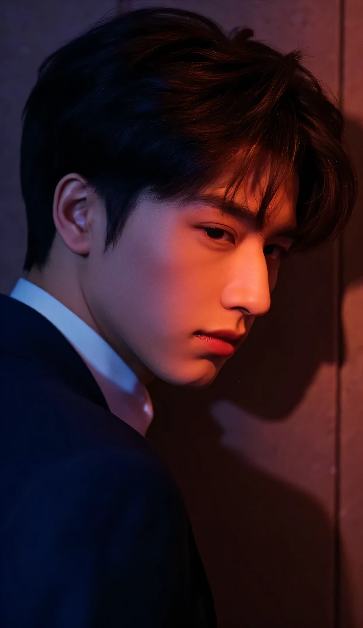 (very realistic pictures, concentrate、high definition, detailed faces, detailed hair ,fine grain), ((Shooting in front of a wall))、 Japanese man , 38 years old, 1 boy, There is only 1 person in the picture、Natural look, realistic、handsome、183cm, Feels crisp and smart, suits, but、looks good in rough looks, My hair is short,、slightly casual set, has sharp eyes but oozes gentleness, has a slight shadow,、A reliable presence, highlights the vibrancy of Tokyo nightlife, vibrant lighting against a dark background, natural pose, standing close together without arms around each other's shoulders, this intense neon lighting creates a dynamic, colorful shadow on his face --ar 3:4 --style raw --stylized 250