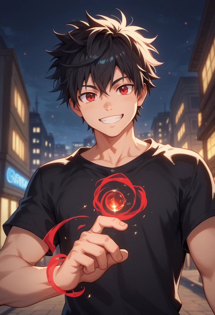 black hair, man, red eyes, white skin, strong, strong physique, black shirt, focus on character, city in background, night, smiling, cheerful, messy hair, looking at viewer, anime style, young, athletic, wizard, Gojou satoru, Magic, Red magic, red Magic