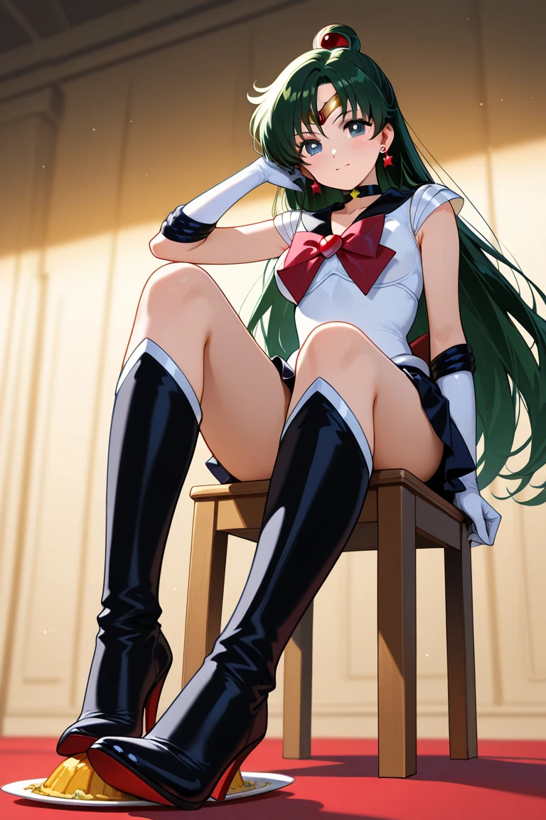 (La Highest quality,High resolution,Very detailed,Actual),Ariana Grande,One Girl, Sailor Neptune, (Sailor Warrior Uniforms:1.4), Dark green hair, Medium Hair, Supplicant Skirt, Earrings, (白いElbow hand pockets:1.4), gem, Center of chest, Dynamic Background, Dynamic posture, High heels,More detailed 8K.Unreal Engine:1.4,超High resolution,La Highest quality:1.4, Realistic:1.4, Skin Texture:1.4, masterpiece:1.8,masterpiece, Highest quality,Object Object], (Detailed facial features:1.3),(Great hands),,(White knee-high boots: 1.4), choker, (White gloves:1.4), choker verde, Elbow hand pockets, gem, Earrings, Green Skirt, Green Hair,(Sailor Neptune:1.4),(Half Body:1.4) ,(Hand Detail:1.4 ), ,( Cyberpunk 2.1),( Beautiful green eyes ), ((Spread your legs:1.5)), ((Spreading pussy:1.5)), From the knee up, Sitting, Raise your knees, Raise your arms above your head