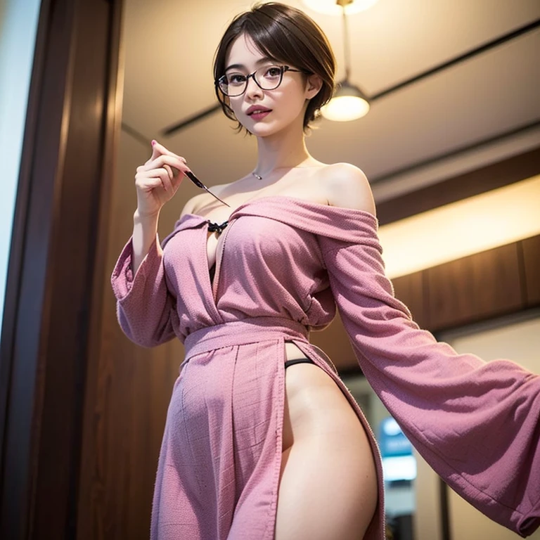 Beautiful and mature 55 year old Japanese woman, Married women, Fine wrinkles, Long eyelashes, Low Ponytail, wear glasses, Red lipstick, Pink Cheeks, Pearl Necklace, Earrings, Dark eyeshadow, ((Completely naked)), Beautiful body, sofa, dress,  Sexy pose, ((Full Body Focus)), photograph, 