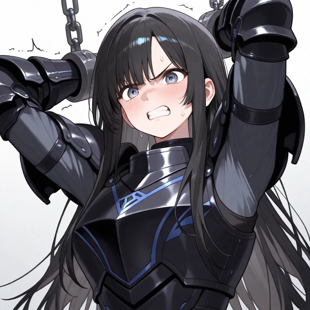 Only One Woman、Black Hair、Purple Eyes、Long Hair、Medium sized breasts、female knight、Wearing black armor、Wearing stockings、garter belt、Urinating in prison、Leaning forward、Spread your legs、Squat positions、Open your arms、shortness of breath、Open your mouth、Watery eye、Spilling urine from the crotch、Front of the body、Handcuffs、Bondage、Suppressed、Bound in chains