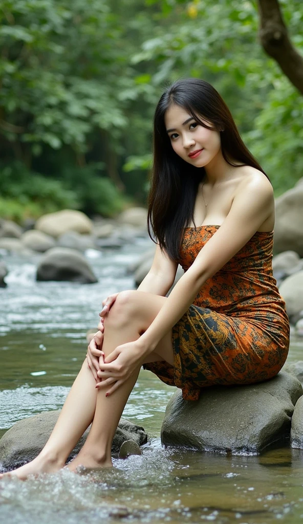 best quality, 8k, very delicate and beautiful, highly detailed face and skin texture, shiny skin, high resolution, sexy asian girl wearing Thai Sarong stand at riverside, full body, sharp focus