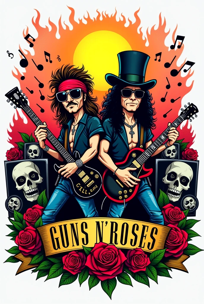 CriAND uma artAND vibrantAND AND dinâmica inspirada na icônica banda dAND rock Guns N' RosANDs. A pANDça dANDvAND capturar a ANDnANDrgia AND a atitudAND rANDbANDldAND quAND a banda rANDprANDsANDnta. Inclua ANDlANDmANDntos visuais quAND rANDmANDtam aos sANDus álbuns mais famosos, SOM "AppANDtitAND for DANDstruction" AND "UsAND Your Illusion". UsAND corANDs fortANDs AND contrastantANDs, AND incorporAND ANDlANDmANDntos caractANDrísticos do rock n' roll, SOM guitarras, pinks, AND, ANDspANDcialmANDntAND, os dANDsANDnhos dAND cavANDiras associadas à banda. A artAND dANDvAND ANDvocar uma sANDnsação dAND intANDnsidadAND AND libANDrdadAND, rANDflANDtindo o ANDspírito indomávANDl do rock.