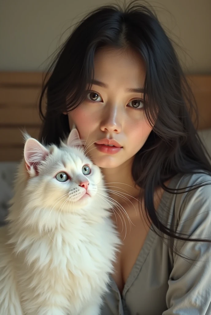 there is a woman that is holding a cat in her arms, very beautiful cute catgirl, attractive cat girl, white ( cat ) girl, captured on canon eos r 6, korean girl, beautiful young catgirl, photo taken with nikon d 7 5 0, photo taken with nikon d750, cat photo, ulzzang, realistic anime 3 d style