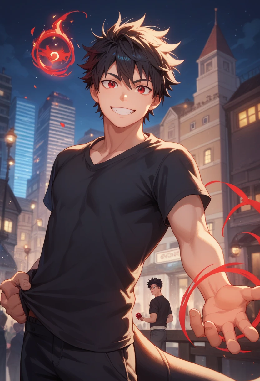 black hair, man, red eyes, white skin, strong, strong physique, black shirt, focus on character, city in background, night, smiling, cheerful, messy hair, looking at viewer, anime style, young, athletic, wizard, Gojou satoru, Magic, Red magic, red Magic, dragon, Magic dragon, dragon Magic
