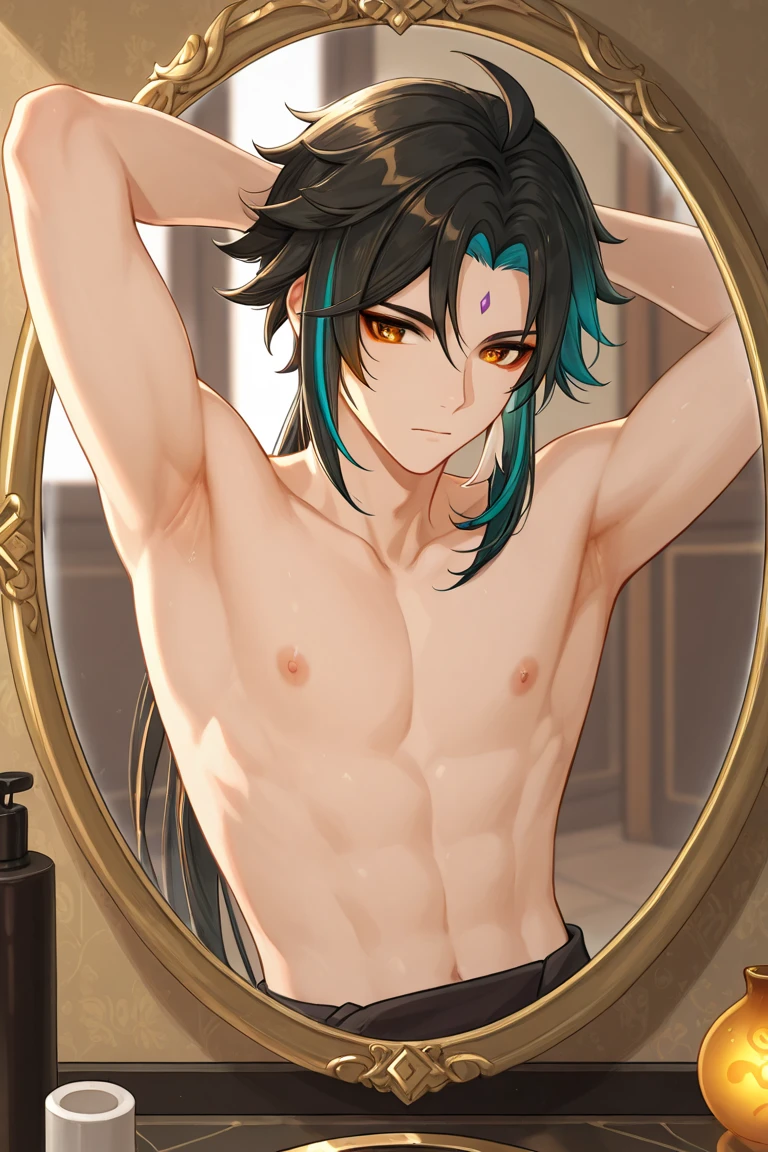 anime guy with blue hair and no shirt in a swimming pool, skinny male fantasy alchemist, top rated on pixiv, trending on artstation pixiv, extremely detailed artgerm, a male elf, beautiful male elf, by Shitao, pixiv 3dcg, shirtless :: high detail, at pixiv, handsome anime pose
