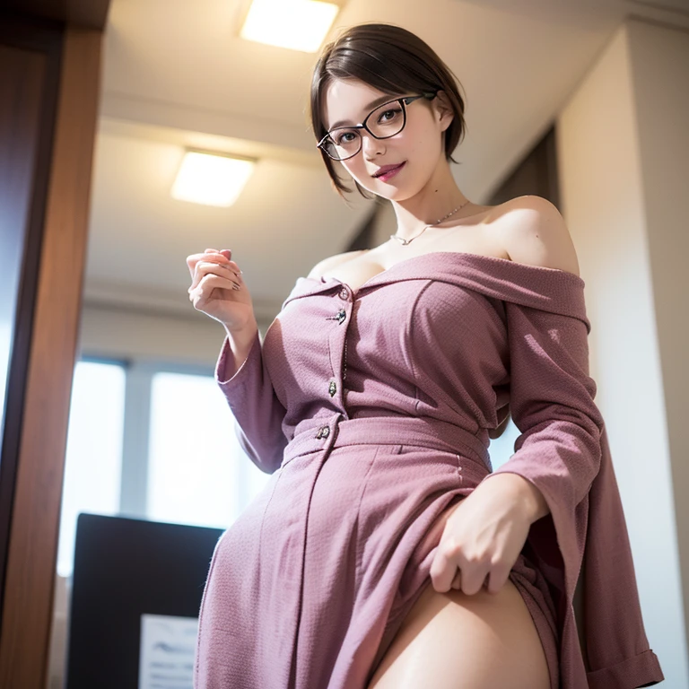 (((On the bed at the love hotel:1.35)))、(((sleep:1.35)))、(((Spread your legs wide:1.35)))、(((mini skirt:1.35)))、(((sexy panties:1.35)))、((Her breasts are about to burst:1.35)))、8K, Highest quality, masterpiece, Realistic, Realistic, Super detailed, Natural light, Shapely breasts, Her cleavage is visible, 1 person, 35-year-old woman, Black Hair, Beaver, Straight hair, Silver-rimmed glasses, (Look at the viewers), meanwhile, Light purple knitted V-neck shirt, Highly detailed face and skin, Fine grain, Highly detailed face and skin