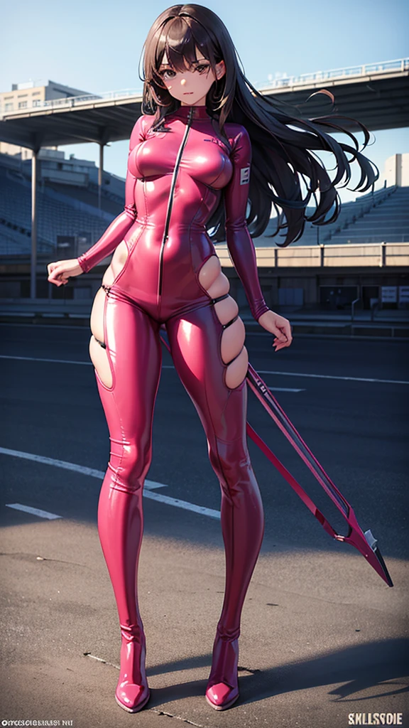 a woman with a seductive expression, loving smile, detailed eyes, pose sexy, long dark crimson hair, his super detailed glowing eyes, Full lips painted red, chiseled physique and wide hips. He wears a closed black leather jumpsuit., whose shiny surface accentuates its shape. Walking on a sunny beach, This image oozes realism., capturing the essence of a fragile figure. digital art, photorealistic and high definition technique