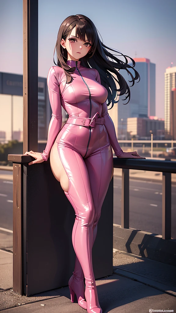 A voluptuous girl dressed in a pink leather jumpsuit with an unbuttoned zipper, She has pigtails and is full-length , showing breasts , anime, photorrealistic, Awesome, lush, sexy,