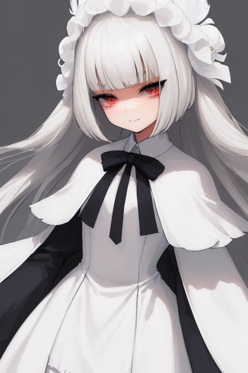 masterpiece, best quality,1girl, caren hortensia, solo, long hair, hat, yellow eyes, layered sleeves, pantyhose, thighhighs, white hair,(grey background:1.4),(kbxll:0.6)