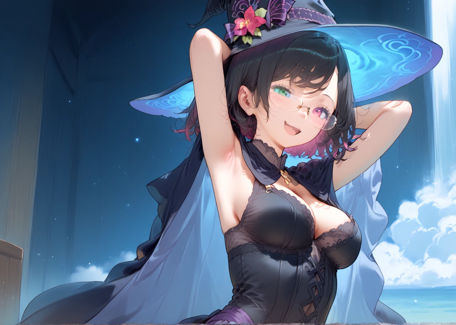 ((🧙♀️)), (black hat),{{{{Masterpiece}}}}, {{{Very detailed}}}, {{{High resolution}}}, {{Excellent anatomy}}, (((Top quality))), ((( very delicate and beautiful)), {{very detailed and delicate}}, {{illustration}},Happy magic, magic effects, magic circles, gradations,,glowify