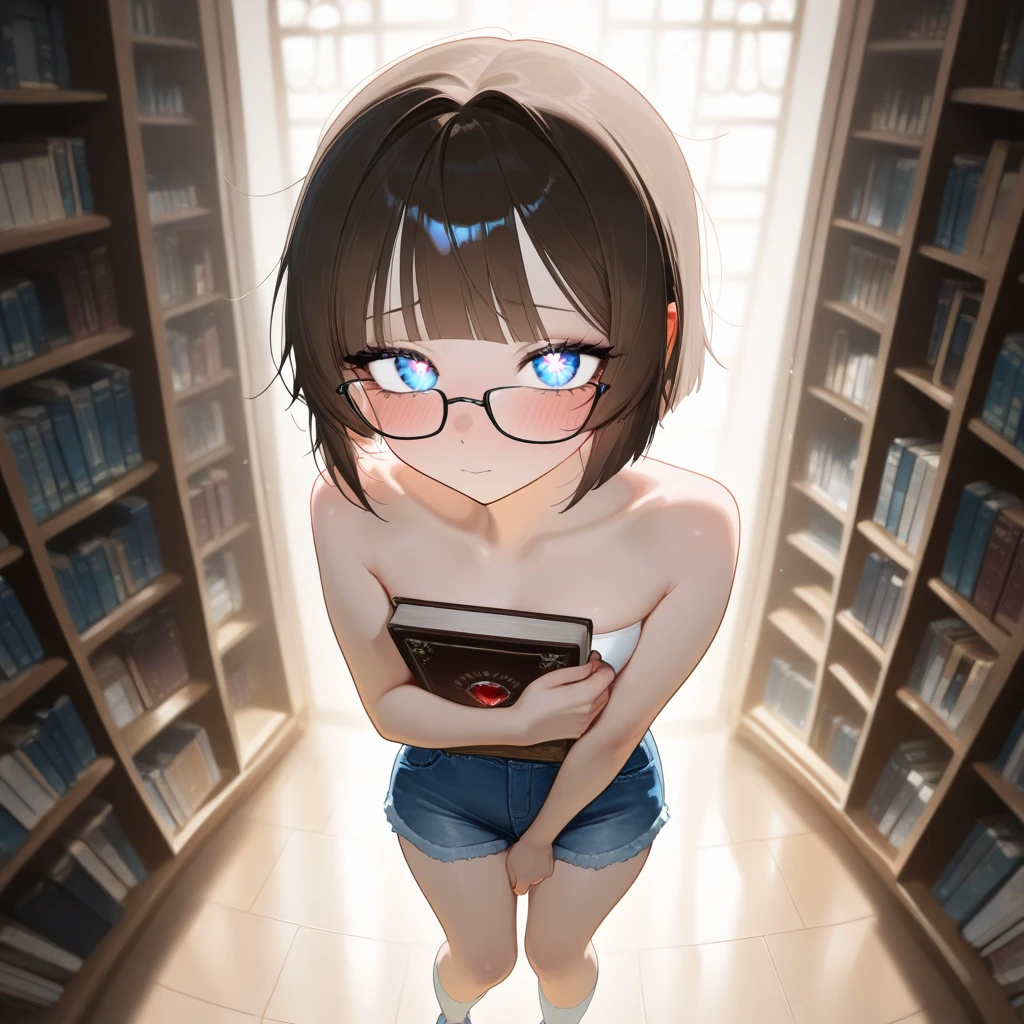50 year old woman, short grey hair, big sad eyes, sweet smile, flat chest, choker collar, heavy bracelets, nude, naked, pubic hair, standing, open door, open window, bookstore, books, evening, nighttime, dramatic lighting, cinematic lighting, masterpiece, best quality