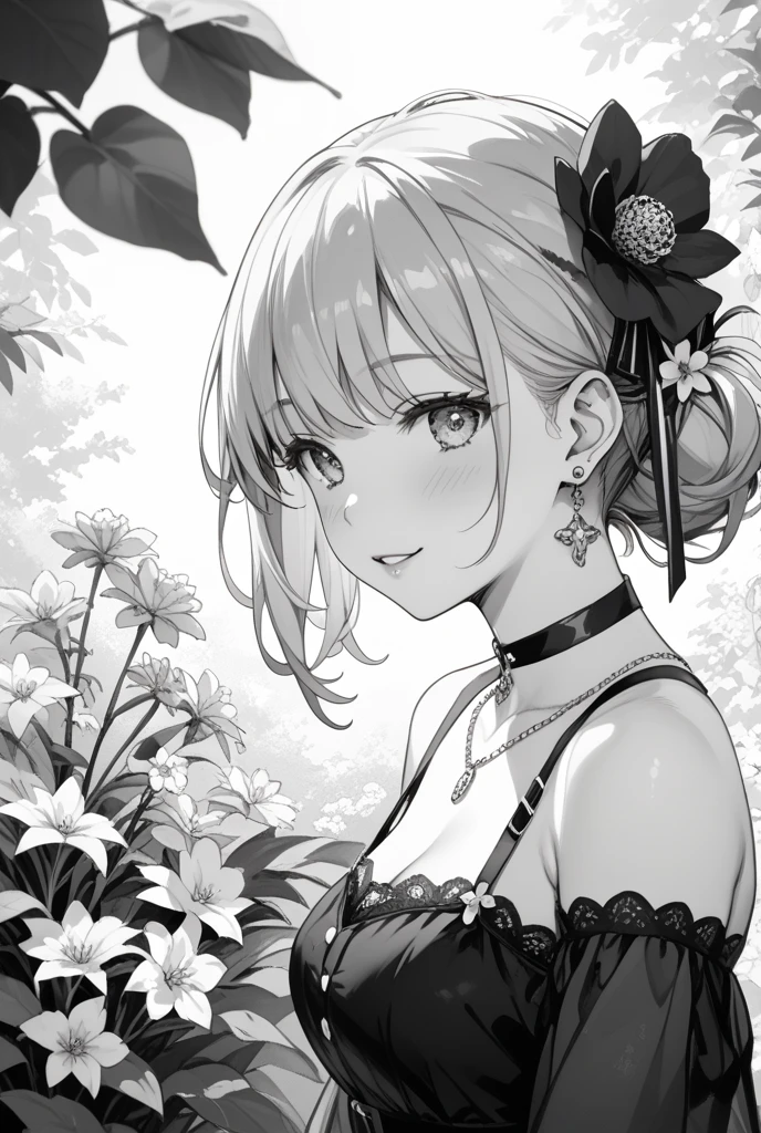 Ganyu, genshin impact, absurdres, highres, ultra detailed, ultra-detailed background, detailed background, extremly detailed, 1girl,bunch of flowers, (zentangle:1.2), (geometric:1.2), black and white color palette, monochromatic, big breasts, cleavage, sideboob, lingerie, realistic depiction, (arms behind back), 