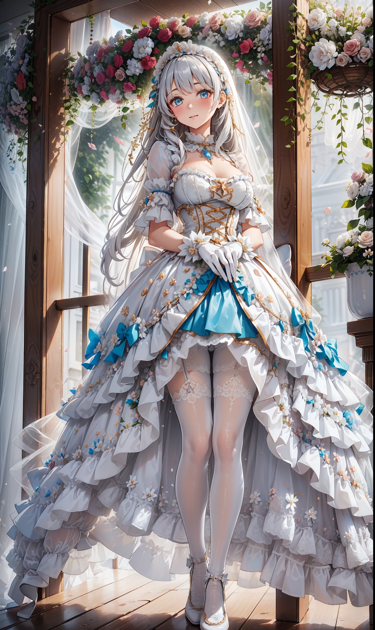 milkshake ,Attractions, Have Fun ,in love,( girl in white modern shirt 、 dress and pantyhose :1.2),( white ruffle bow gloves ), Silver Hair , golden eyes,Sacred headdress, transparent lace , Gorgeous Dress , alone,European bedroom,(night:1.1),Delicate Beautiful Face ,Ta,Flowers on clothes , colorful flowers,Flowers fall,Flower fly