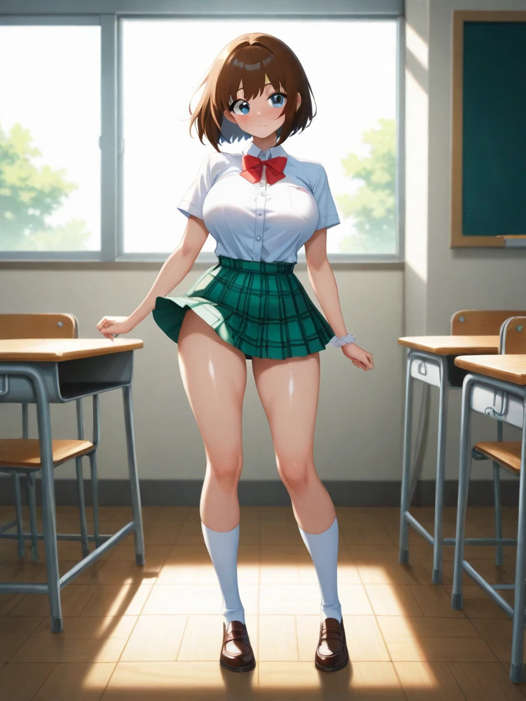 masterpiece、High Quality、8k、high resolution、solo、 high chroma、high resolution 、anatomical structure、Perfect body attack、beautiful skin、pretty eyes、blue eyes、shiny costume、(brown hair:1.hort Bob 、 、、Big Breasts、embarrassing、uniform((white shirt、Short sleeve、 green plaid pleated skirt 、micro mini skirt、red bow tie、White Long Socks、White Scrunch on Wrist、loafers))、 soft shadow、daylight、textured skin、wind、skirt flip、make a heart with both hands、 Classroom、 daylight、(standing with her legs spread out:1.5)、dark pink blush、Viewers' Perspectives、studio lighting for women、I can see the schoolyard from the window