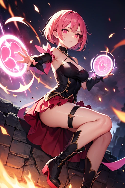 ((full body):1.5), Only Princess Zelda/Demon, is wearing white costume with black parts, extremely tight body, she has extremely big breasts, she has ((very short hair, pink, blue eyes):1.2), she's looking at the viewer, she's smiling, doing erotic poses, ((background: she's in a volcano with molten lava pouring down the walls):1.3), anime, 16k, high quality, high details, UHD, masterpiece,perfecteyes,