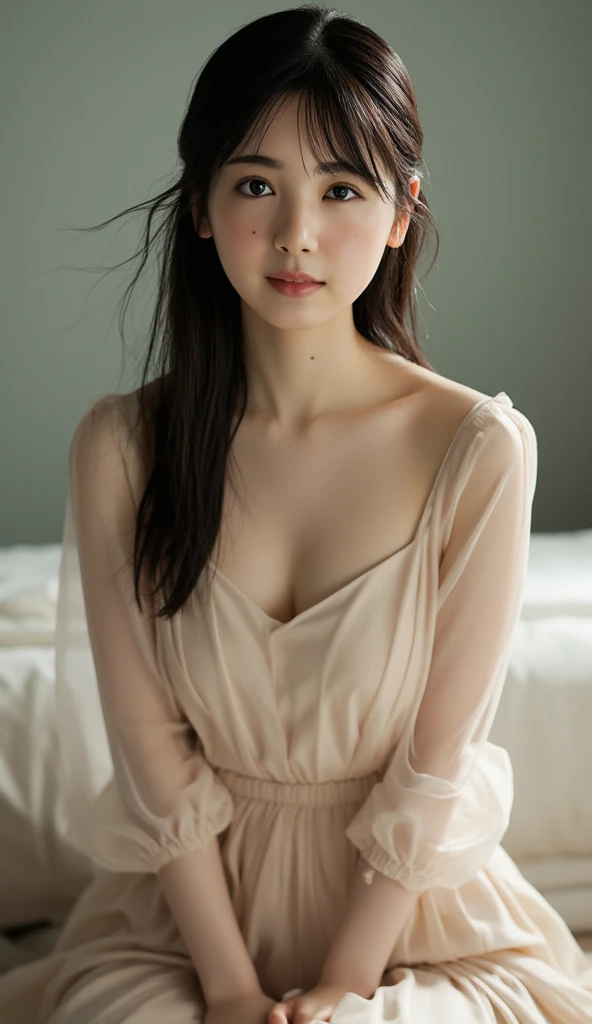 (From a straight above, bird's-eye perspective), 1girl, Realistic Chinese pretty teenage girl,16-years old,black long hair, pink colour silk lace nightdress,erotic, small breast,greasy, knelt on the ground, eye gazing up to the camera, with sweat on body, sweat body, sweat breasts, greasy body, greasy breasts, beside the window