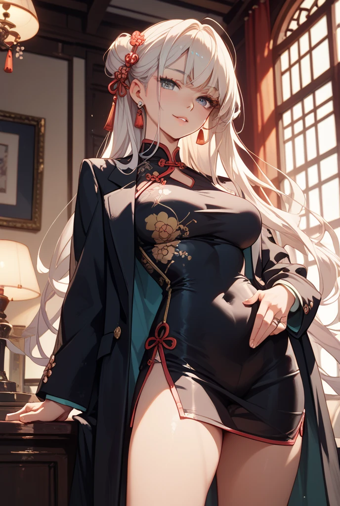 tmasterpiece, Best quality at best, 1 18-year-old girl, long whitr hair, liveroom,Red lace dress,sitting in the couch,详细的脸, perfect body figure,詳細な目, beautidful eyes,looking at viewert,hand on leg