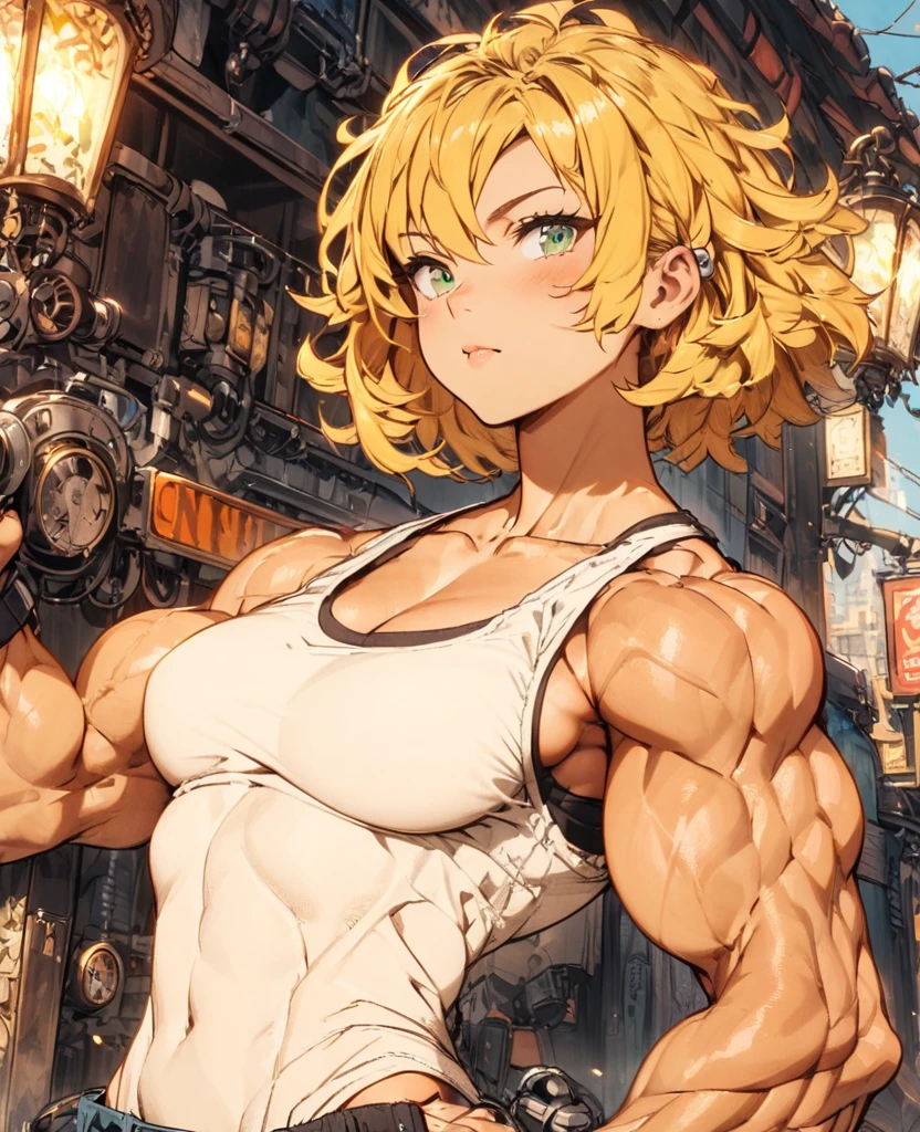 girl ((((muscular 1girl)))) ((((thick thighs toned body)))) (caramel skin) short blonde hair, beautiful brown eyes, tight t-shirt, shorts, ripped clothes, blushing deeply, very embarrassed expression, seductive, cyberpunk setting,