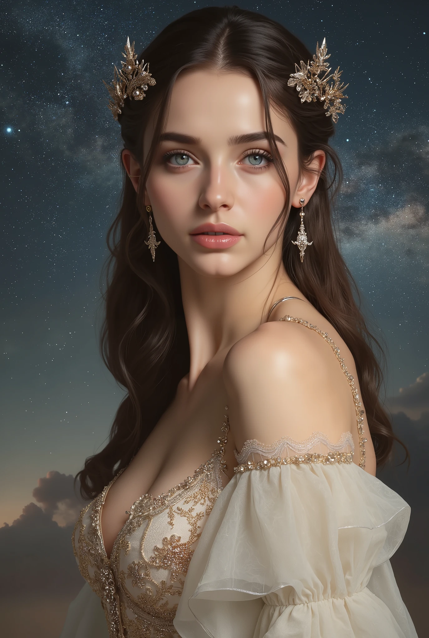 Solo Beautiful Princess , elegant, details, pretty, (Rubensian), (romanesque background ), (night sky), elegant details dress, (DGTLV2、Henry Asencio、Zeen Chin、Josephine Wall、Edwin Deakinによる作品), (masterpiece), (good anatomy),