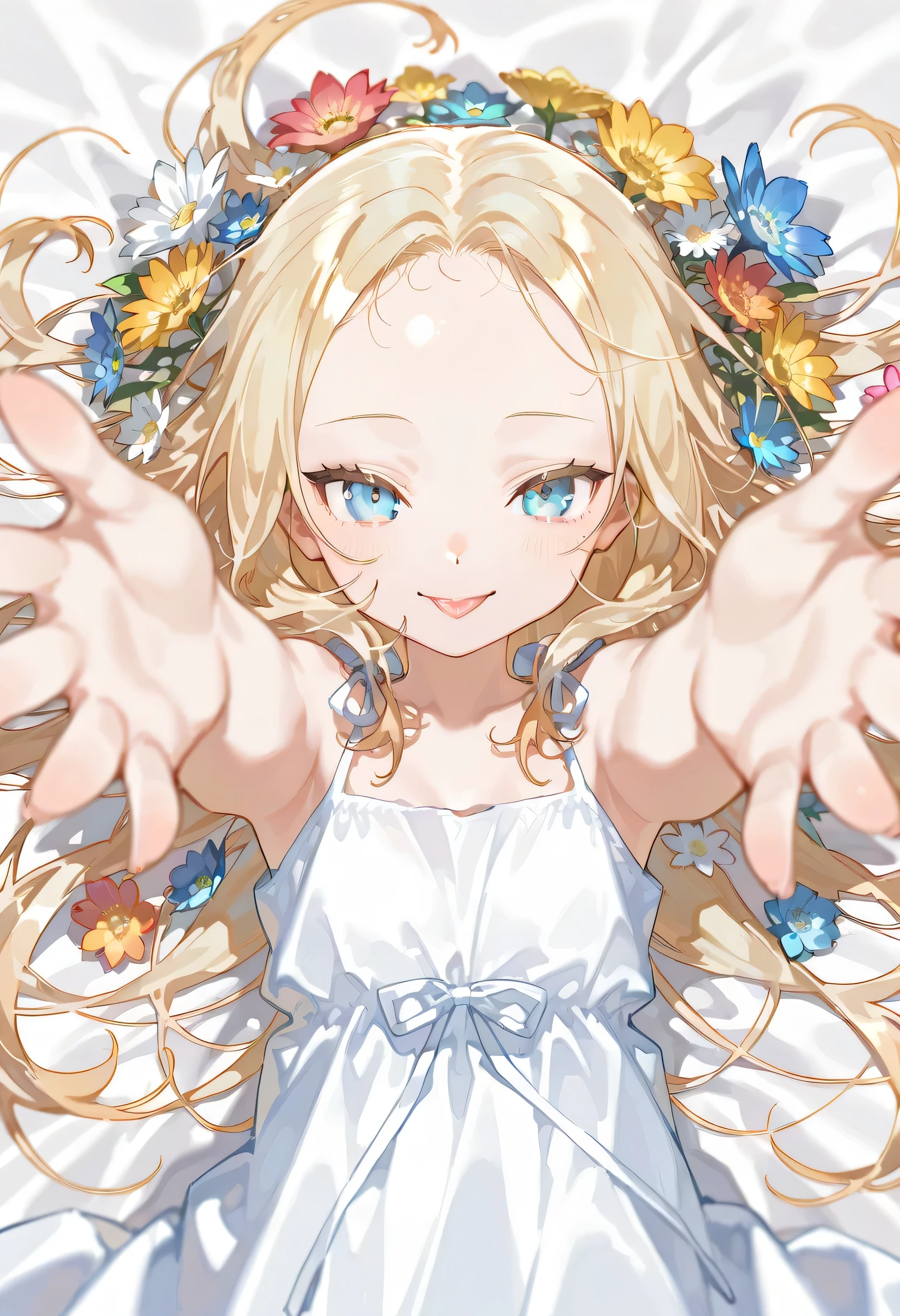 {{{masterpiece}}}, {{{best quality}}}, {{ultra detail}}, {illustrations}, {{very delicate and beautiful}},1girl,,,very long blonde hair,blue eyes,pale skin,detailed beautiful eyes,(small eyes:1.1),(forehead:1.2),messy hair,,A garden filled with beautiful flowers,,,from before, summer dress,, (head tilt:0.3),tsurime,,detailed fingers, smile, lips:0.1, colorful flowers, on back, open arms for viewer, upside-down face, tongue out, flower seeds of various kinds