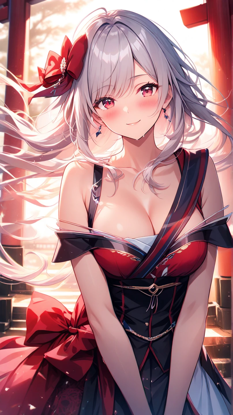 create a female anime character with white hair and rabbit accessories with semi-short red and black clothes, red or blue eyes and a rabbit necklace