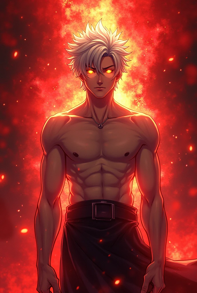 Anime boy with white hair and manly face ,shirtless,with flames on the body ,with dark cap,The cap has a small orange crown ,The pants are dark with wings drawn on the sides ,The drawn wings are golden and shine ,the hair under the cap,the hair is brown
,The cap covers the entire top of the hair ,the boy smiles