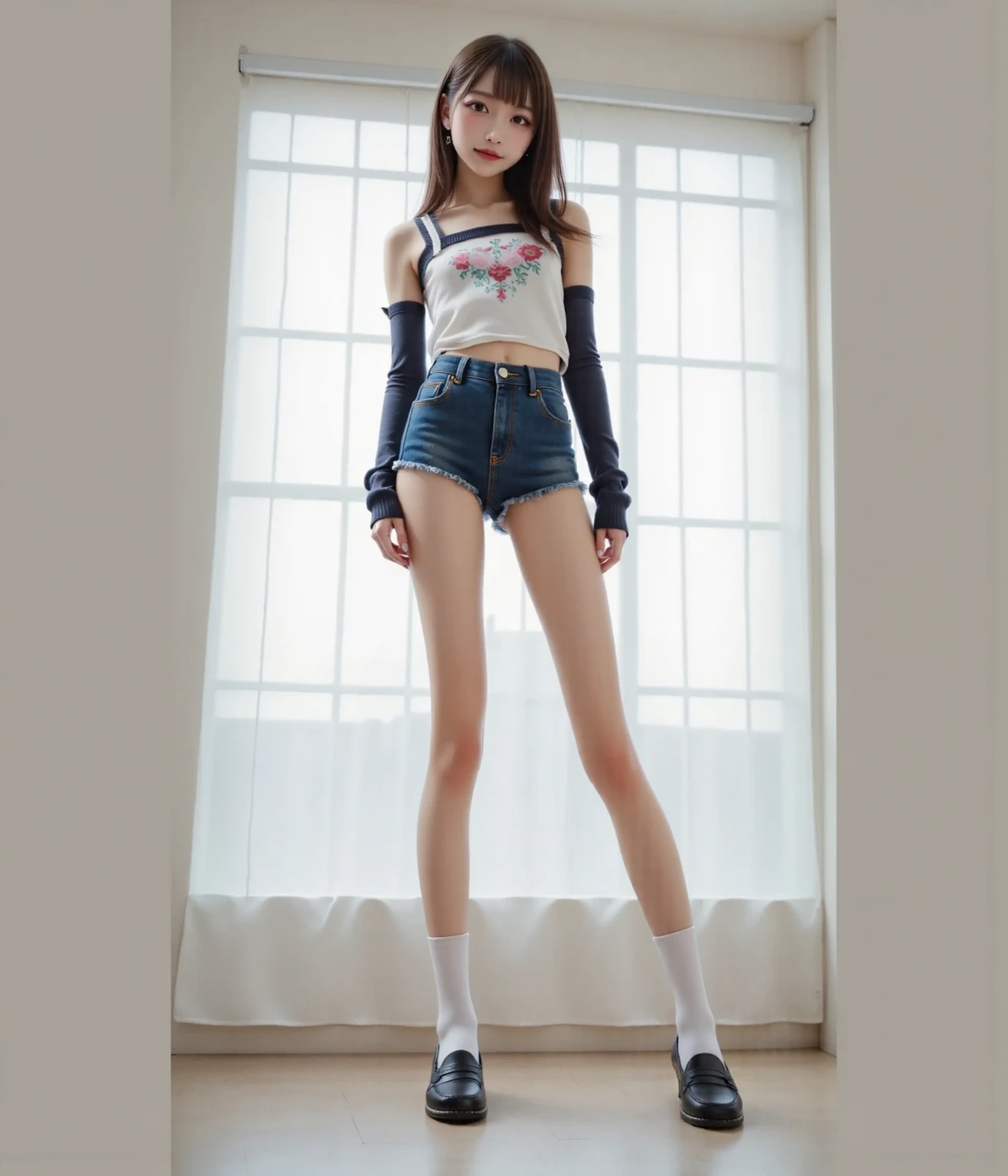 Twenty year old Japanese woman , medium black hair , greeneyes , eighty centimeters in bust , ninety centimeters of hip , extremely attractive body , short stature , short white strapless blouse showing navel , extremely short blue denim shorts , barefoot , fully body , standing backwards , lying on the bed face up , holding legs up , at night , full moon night