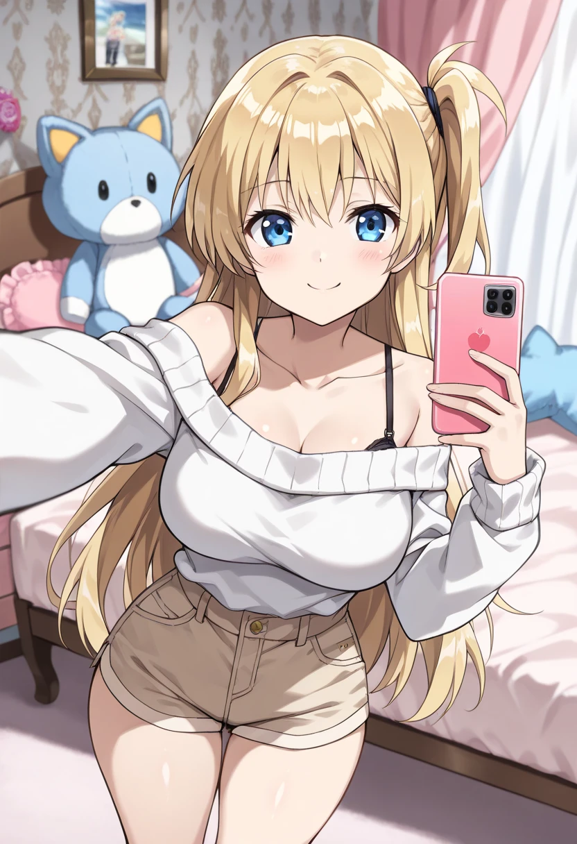 a woman in a lingerie taking a selfie with a cell phone, seductive anime girl, thicc, , (sfw) safe for work, blonde anime girl with long hair, beautiful alluring anime woman, marin kitagawa fanart, anime barbie in white stockings, anya from spy x family, realistic shaded perfect body, top rated on pixiv