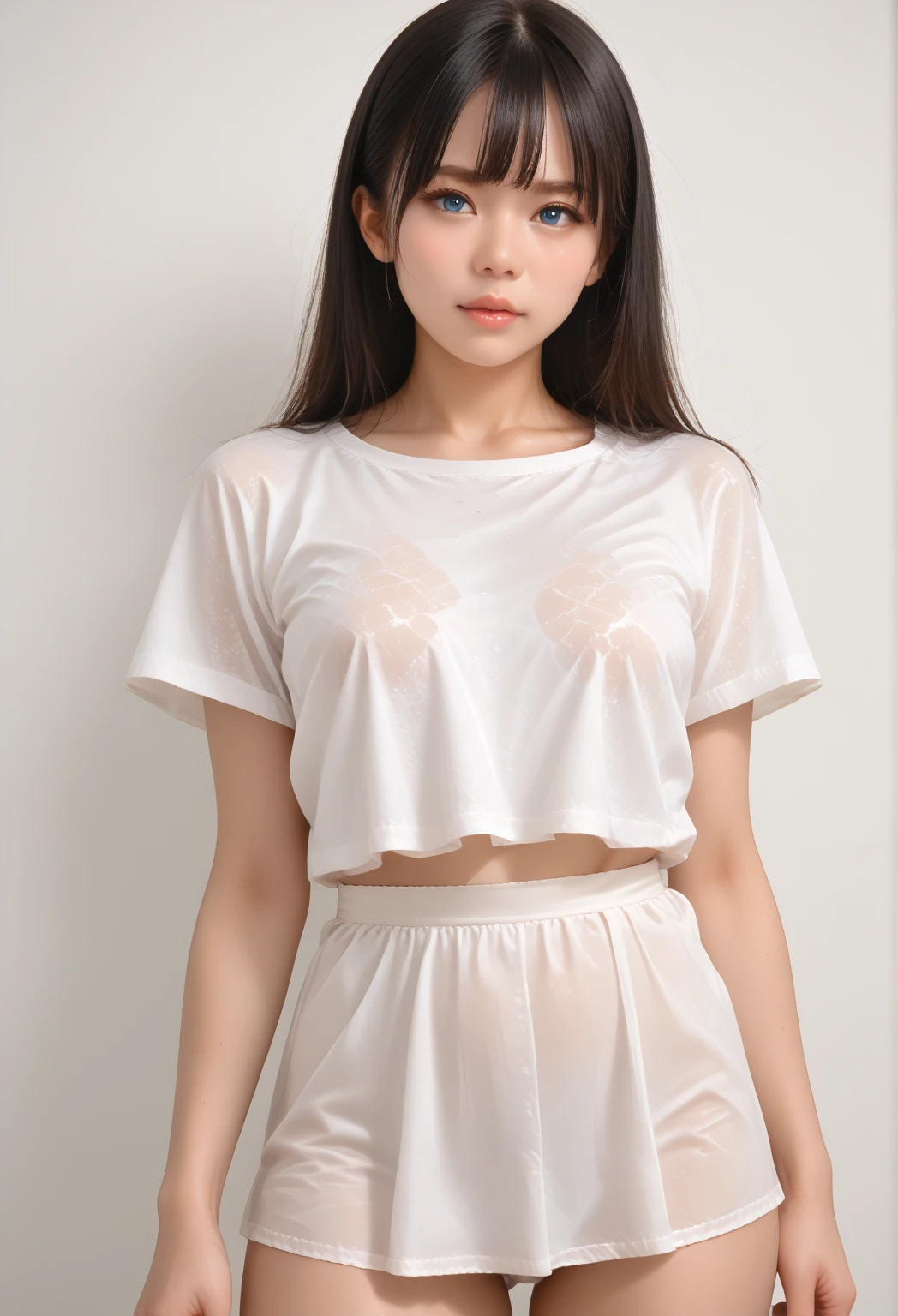 Two girls standing at ear window in school classroom,12 years old,bangs,A small smile,Thighs,knees,break,Short hair with low pigtails,from before,Front light,((Naked and wet white T-shirt、White panties、slender、Slender and extremely thin、Sexy clavicle and flat chest、Very small breasts))