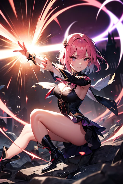 (hyper extreme detailed),(masterpeace),(hyper extreme),(photorealistic),CG,(colour:1.2),1girl, solo, takamori haruka, pink eyes, magenta hair, white hairband, magical girl, pink costumes, white thigh highs, white skirt, moderate breast, look at the viewer, raining, sky, ruins, burning city, cyberpunk <lora:TAKAMORI_HARUKA_V2:0.8>