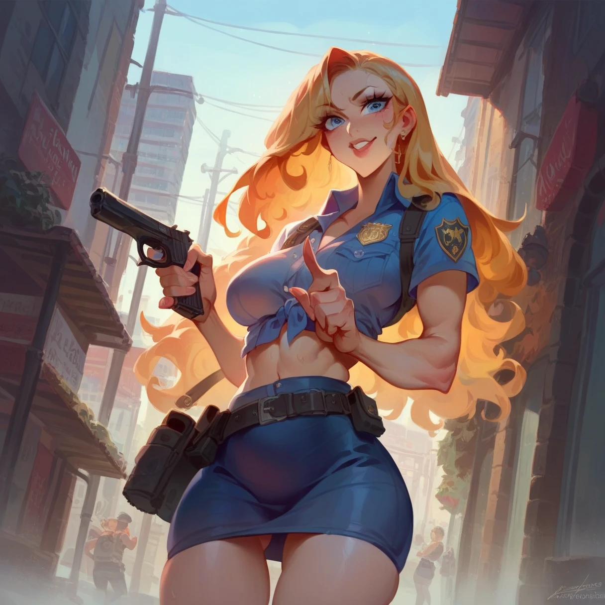 1 girl, blonde hair, ponytail, crownbraid, multicolored hair, (pink hair highlights:0.8), police uniform, cleavage, round eyewear, glasses, streets, green eyes, solo, police hat, standing, hand behind head, concept art, realistic