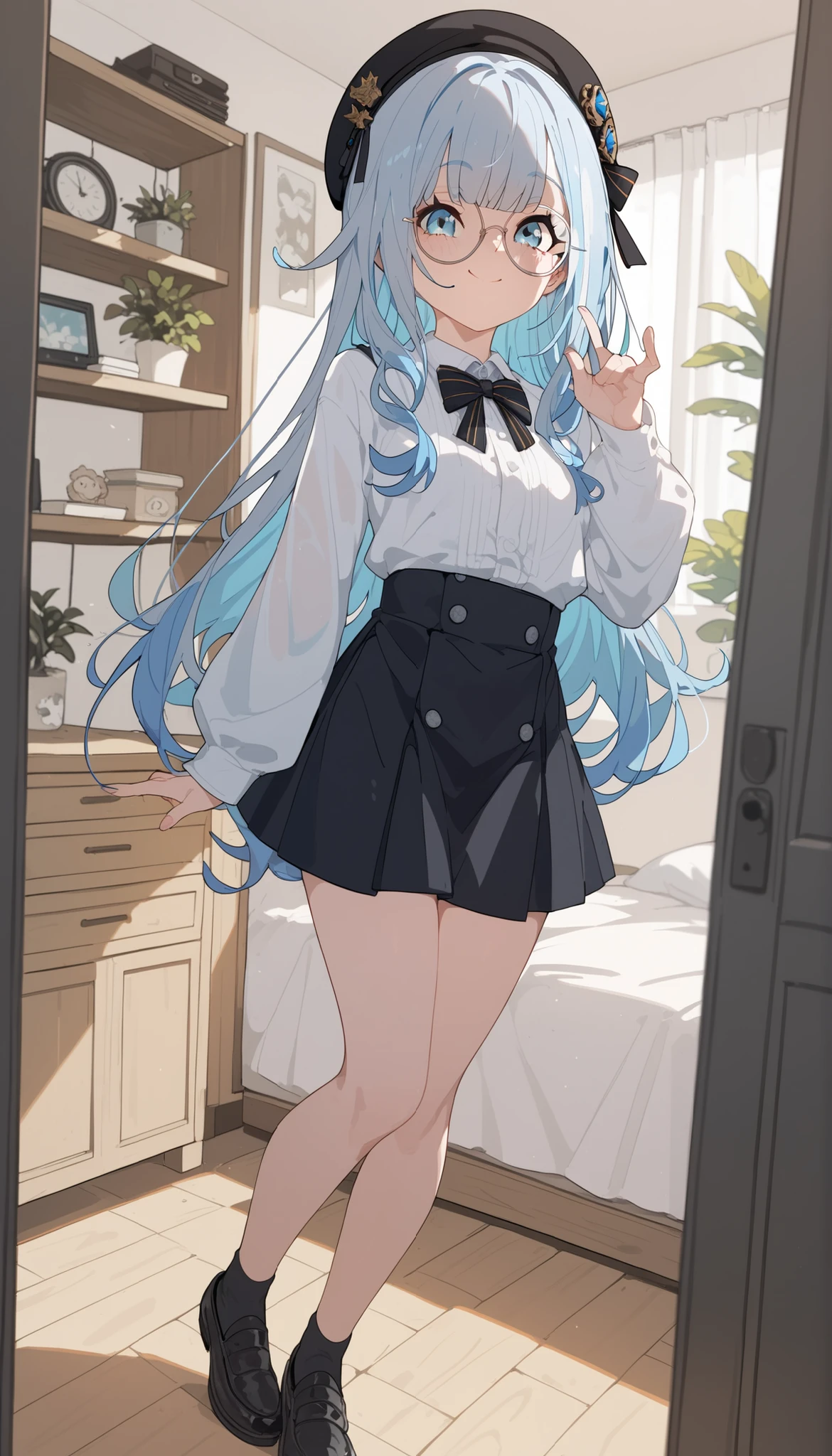 alone ,, wearing glasses, wear,round glasses,, Gray fur,Light Blue Hair, Two-tone hair,long hair,cute,Long Sleeve Shirt,Small breasted shirt,, wear a black beret, long black skirt ,Black Shoes,artist,,In the art room,,,is standing,smile