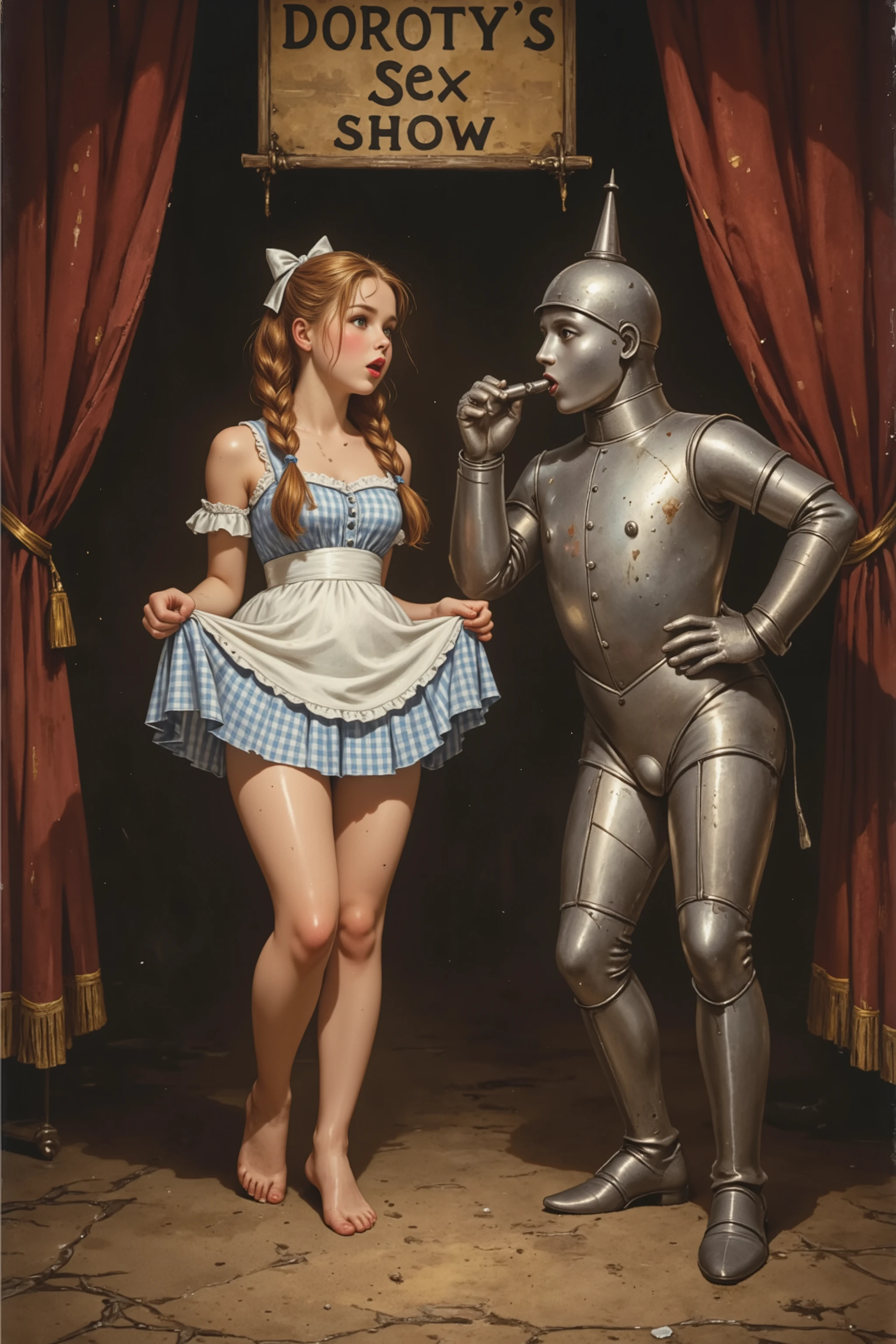 Dorothy's Sex Show,
antqgldnCE style,
an illustration of,
nsfw,
for Adult,
Photorealism,
((A scene from a live-action movie)),
Incredibly detailed,
19th century photo, antique photo, sepia toned photo,
A fable for adults,
Dorothy is a cheerful and beautiful girl,
Dorothy is cursed to become a prostitute who will give her body to any beggar,
Dorothy has been raped by so many men that she contracts a sexually transmitted disease and her whole body is covered in bumps Her skin is now dirty and covered in rashes,
Dorothy also had smallpox and has pockmarks all over her body,
Dorothy is being exhibited in the circus,
There is a sign on the stage that reads "Dorothy's Sex Show",
Dorothy has long hair in a braid,
Dorothy's hair is dirty,
Dorothy is wearing only a short, sleeveless, collarless, blue and white gingham pinafore dress,
Dorothy is wearing nothing else,
Dorothy is not wearing a blouse,
Dorothy's shoulders are bare,
Dorothy's cleavage is visible,
Dorothy is barefoot,
Dorothy is very young and voluptuous,
Dorothy is lifting up her skirt,
Dorothy's clothes are thin,
Dorothy's clothes are dirty and torn,
Dorothy is screaming "Fuck me!",
The Tin Woodman is stroking his penis next to Dorothy,
