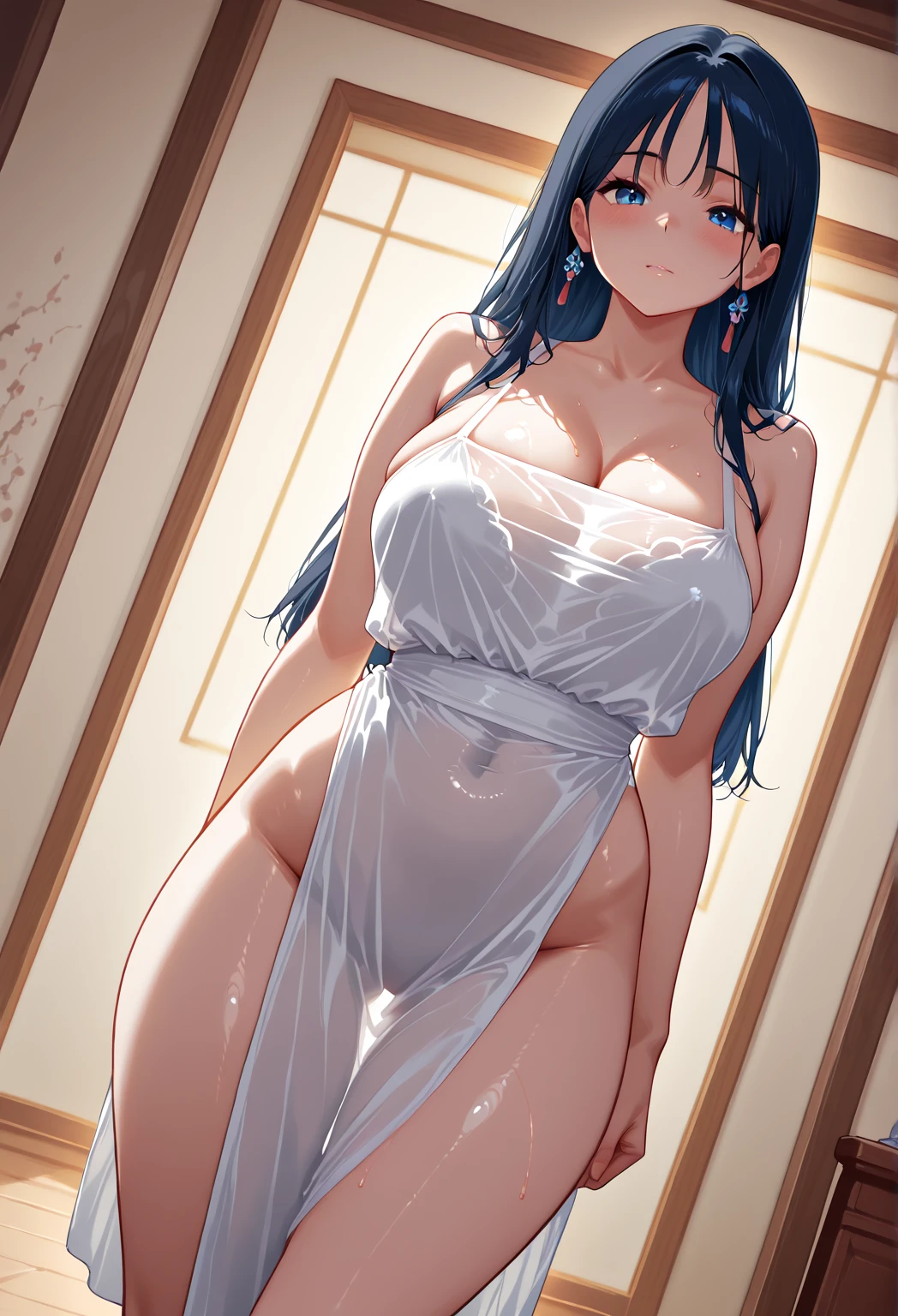 (highest quality, 8K, 32K, masterpiece, UHD: 1.3), 1 female, (Oversized: 1.3), perfect figure,, (attractive), (Sheer skin)) 、((((Transparent see-through dress))))、see-through dresses、lace sheer dress、Transparent dress、Sheer skin、Transparent dressを着た美しい裸の女性、solo、best style、big breasts、The most beautiful in the world、unparalleled beauty、long hair、 ((blue bathhouse)),、Blue lighting. concept art stunning atmosphere, blue atmosphere, beautiful concept art, Dark Majestic gorgeous public bath,、(blue water辺、blue water)、blue stone、blue stone、blue reflection、Cyan color、get wet in blue water、Blue light、blue flower、Blue roses、Blue World、Expressive、sexy pose、sexy design、nipple