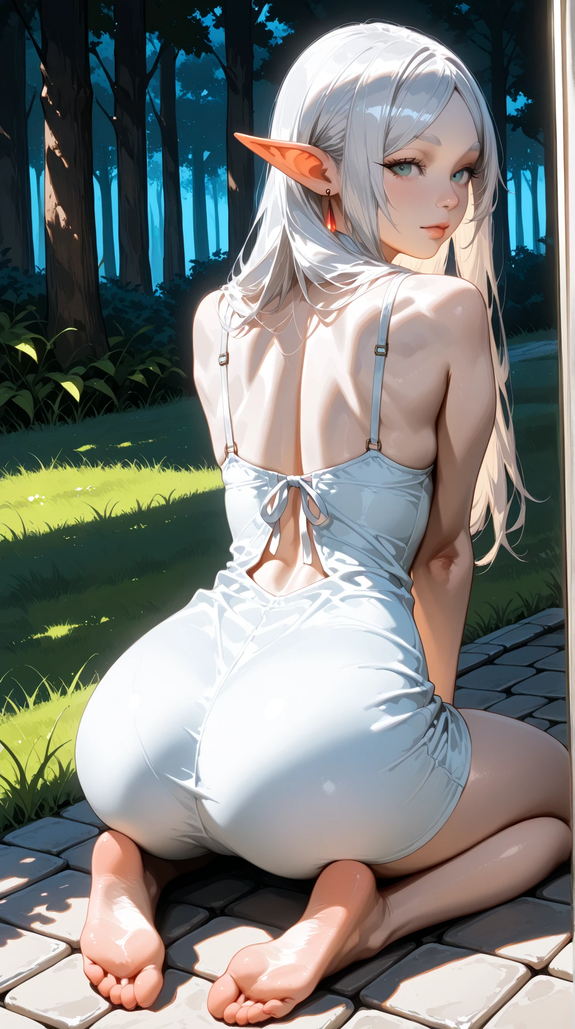 BREAK looking at viewer, BREAK (masterpiece:1.2), best quality, high resolution, unity 8k wallpaper, (illustration:0.8), (beautiful detailed eyes:1.6), extremely detailed face, perfect lighting, extremely detailed CG, (perfect hands, perfect anatomy),onsen,hot springs,night,outdoor,night,grey hair, side ponytail, (purple eyes:1.1),frieren, long hair, twintails, (green eyes:1.5), grey hair, pointy ears, elf, jewelry,small breast,bathrobe,kimano,cleavege,neckline,naked shoulders,see through nipples,from behind,back view,showing ass,small ass,spread butt,spread ass,white stockings,???????,????,????????,from below,ass to camera,bend over,on knees.