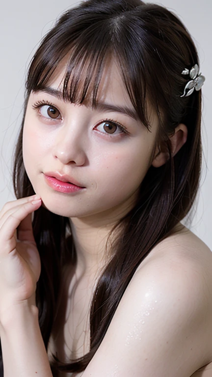 Masterpiece、highest quality、8K，Ultra-high resolution、RAW Photos、UHD、日本people、beautiful girl、１people、woman, (Flower Hair Ornaments,Braided top knot,Twisted Side Part Ponytail Braided Headband,Half Up、Braided Space Van,Voluminous fishtail braid,Twisted pan),(Asymmetrical bangs)、 (Ultra Realistic),round face、 Fine and beautiful eyes, Lifted eyes、Big eyes、(The right eye is blue:1.4)、(The left eye is green:1.4)、double eyelid、Thin eyebrows、Red around the eyes、Dolly Makeup、Thin lips, Pastel colored tight blouse、Knitted micro mini skirt, A kind smile, (Realistic, photo-Realistic:1.37), Professional photography, Cinematic Light, (Very beautiful face: 1.2),(Large Breasts:1.4)、Cleavage、Voluptuous thighs、Pictured from head to knee