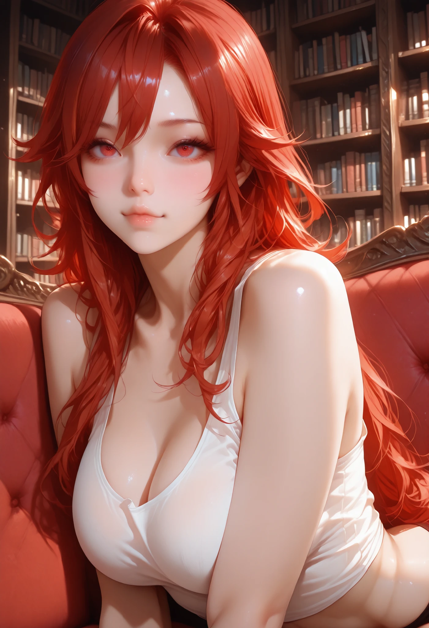 ultra detailed realistic busty mavuika half body, red hair, red eyes, white tank top , background, ray tracing, long hair, sit on the sofa, in the library, cute face, cute pose sexy,