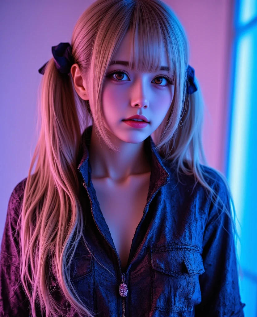 ((Highest quality、8k、masterpiece:1.3))、((Photorealistic、Perfect body line:1.4))、((28-year-old super beautiful woman、One woman only:1.4))、((Highly detailed face, skin texture and beautiful eyes、Highlight of light-colored eyes、Light shines in the eyes:1.4))、((She has a well-proportioned body like a gravure idol and big breasts.、Super long brown hair that is almost blonde:1.5))、((No hood attached、A simple hoodie with high saturation colorful neon colors、A simple hoodie with a zipper and a front opening、Gaming headphones:1.3))、((Super beautiful, translucent skin:1.3))、((Gal makeup:1.3))、((Stars in a magnificent beautiful night park、Face clearly visible:1.3))