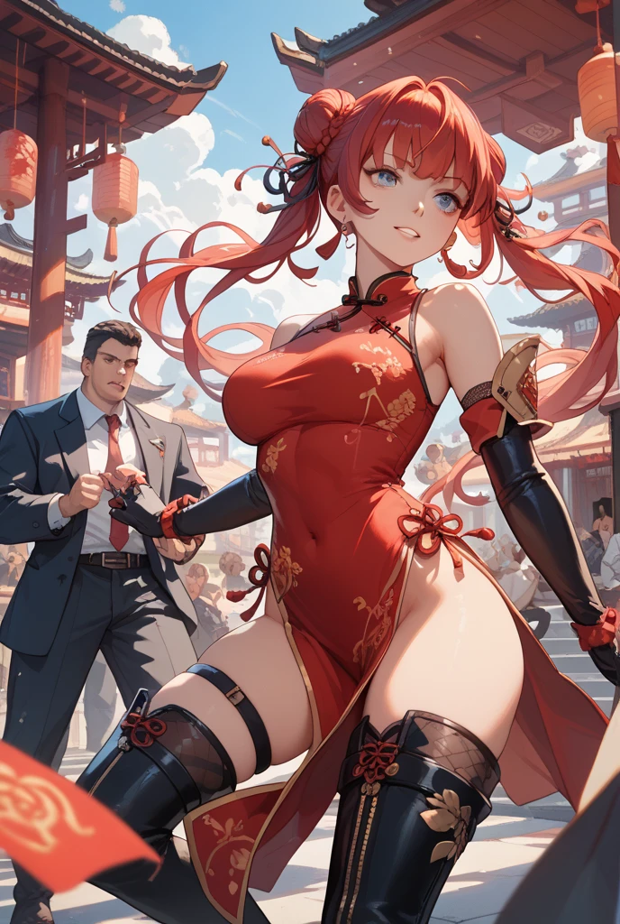 1 Beautiful Girl, Ranma, Braided Ponytail, Redhead, (chinese garment:1.4), Ranma Chan, (Red Chinese Lucky Jacket:1.7), 15-year-old girl, (blush), masterpiece, highest quality, High resolution, (40 year old mafia man, penis:1.4), Perfect limbs, ((((penis enters vagina)))), behind, Spread your legs, Beautiful depiction of the vagina, ((Binding, Arms behind your back:1.47)), ((Restrained by rope)), Beautiful girl fucks a guy