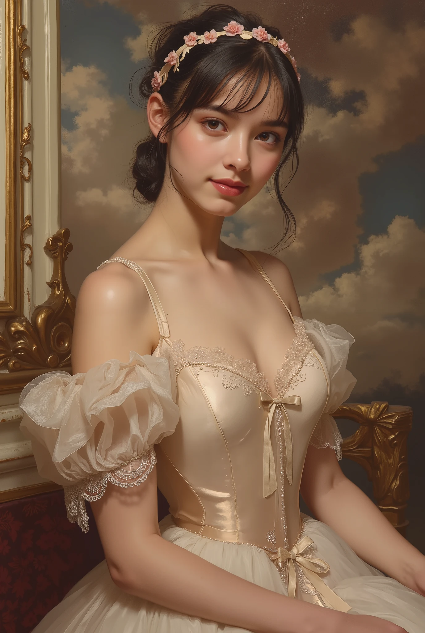 A portrait of a beautiful 18-year-old ballerina in 19th-century France. She has delicate and refined facial features, fair translucent skin, large expressive eyes, and a graceful smile. Wearing a classic ballet tutu made of soft silk and lace, adorned with ribbons and floral decorations. The dress is in light blue or pale pink. She poses elegantly on the side of the stage or in an opulent ballet theater. Oil painting style, inspired by 19th-century Impressionism and Academic art, with soft brushstrokes, warm light, and a romantic atmosphere.