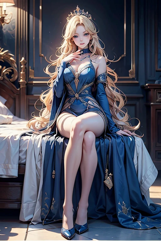 Best quality, masterpiece, ultra high res, raw photo, beautiful and aesthetic,deep shadow, dark theme,(ultra detailed:1.3),
1girl, sitting on sofa, Headdress, hair ornament, full of curtain, drill hair, long hair, blonde hair, gradient hair, yellow eyes, solo, huge breasts, G-cup, big hair, blue hair, tiara, divine goddess, looking at viewer, royal palace, indoors, bedroom, astraea, full body, mechanical arm, holy paladin, gothic theme, baroque theme, mechangel