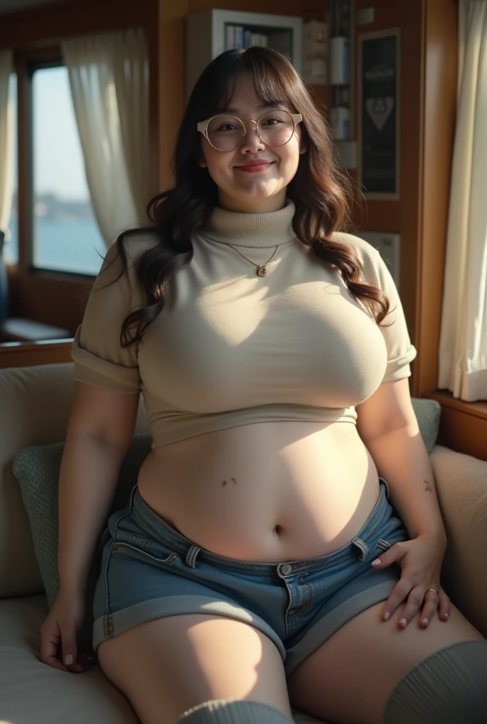 il y a une femme en chemise blanche et culotte noire qui pose, she has a round and big belly, thick, bbwchan, her belly is big and round, sultry body with sexy belly, attractive plus size model, her navel is exposed, hyperrealistic complete figure, corps thick, large stomach, curved model