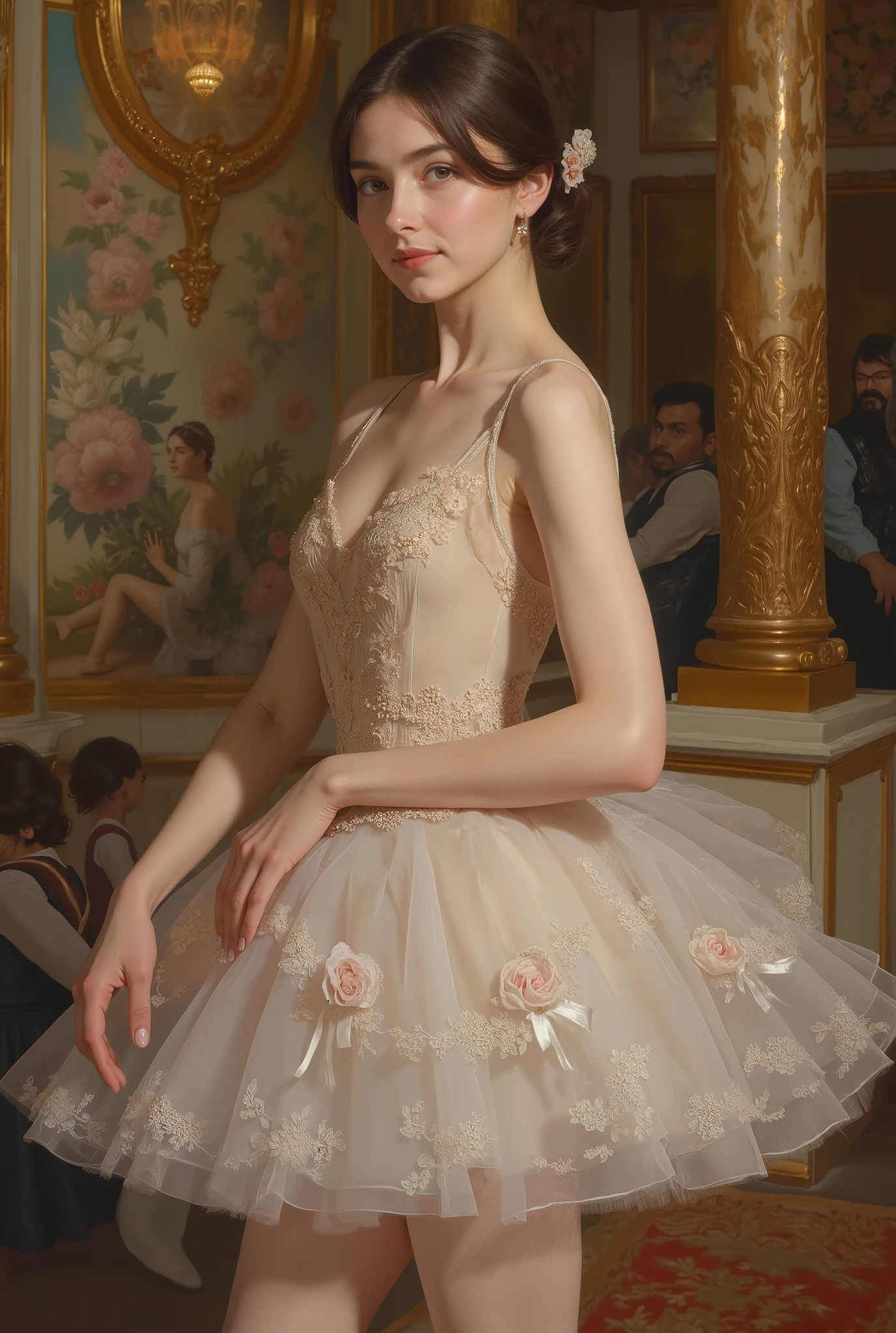 A portrait of a beautiful 18-year-old ballerina in 19th-century France. She has delicate and refined facial features, fair translucent skin, large expressive eyes, and a graceful smile. Wearing a classic ballet tutu made of soft silk and lace, adorned with ribbons and floral decorations. The dress is in light blue or pale pink. She poses elegantly on the side of the stage or in an opulent ballet theater. Oil painting style, inspired by 19th-century Impressionism and Academic art, with soft brushstrokes, warm light, and a romantic atmosphere.