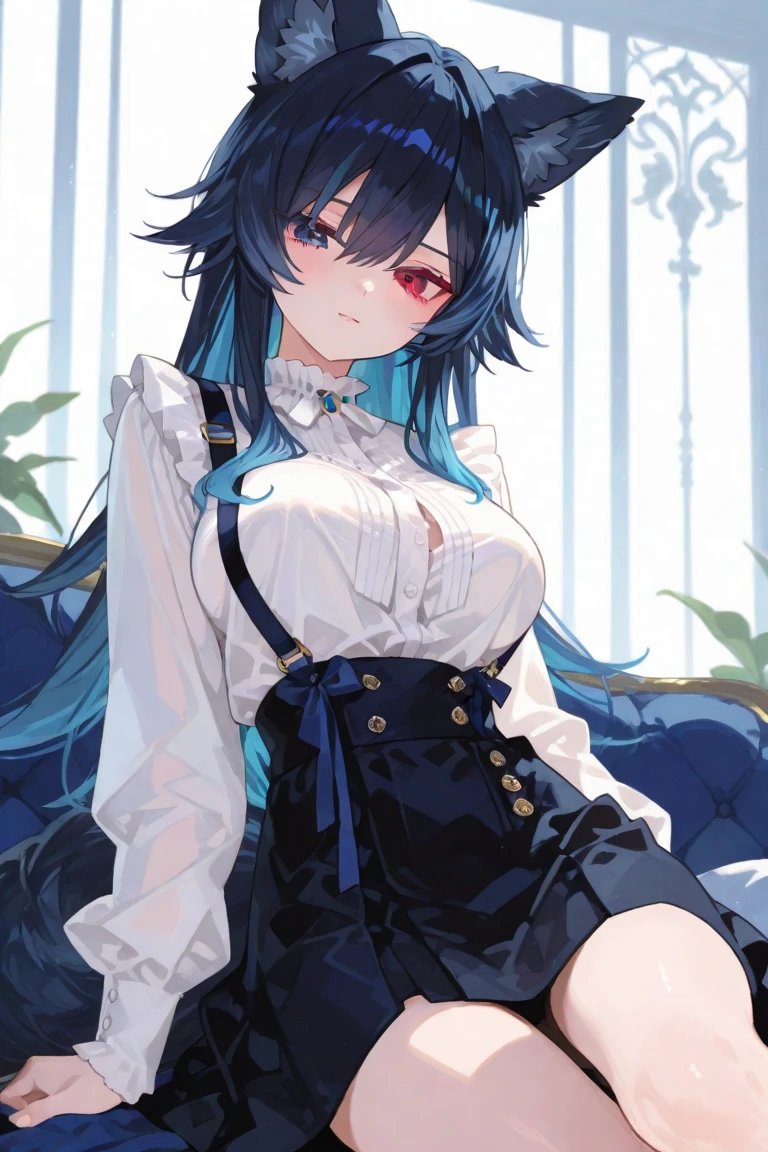 ((Highest quality)), ((masterpiece)), (detailed), 1girl, 独奏, 比基尼, large breasts, yellow eyes, long hair, black hair, blue hair, multicolored hair, sidelocks, bangs