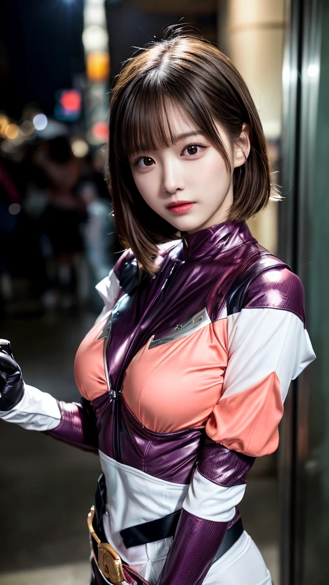 Cute girl with brown skin, sexy body, Wavy purple hair [In shades of black], golden eyes (shiny), super realistic eyes, with pistol, jumping, With sniper suit, Brave Riot Game, round face, realistic lighting, radio city, close.