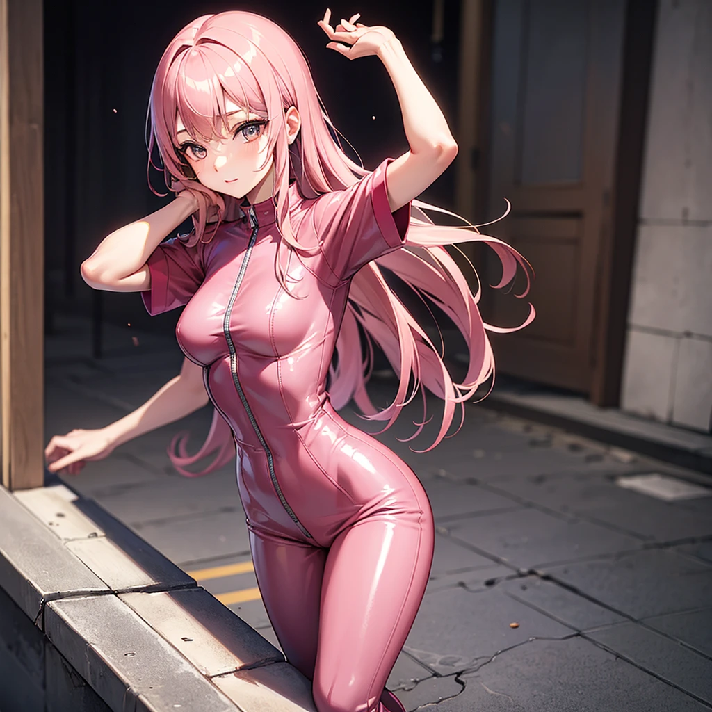 Happy , with wolf ears and pink hair, holding her cheeks, wolf tail, wearing a latex dress, looking at veiwer, full body, you can see her chest, naked breasts