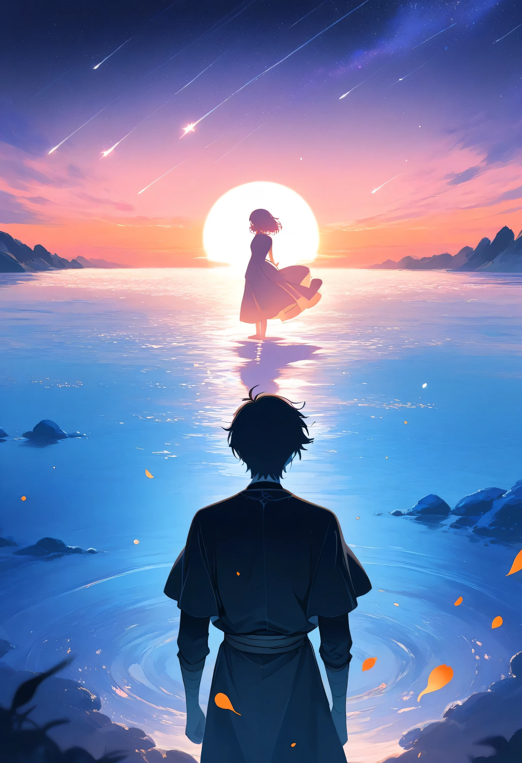 A beautifully melancholic anime-style illustration for an album cover: Half the image shows a soft sunrise with pastel pink and orange skies, the other half a serene twilight with deep purples and blues. In the center stand two figures back‑to‑back—one female bathed in dawn’s glow, one male framed by dusk’s gentle shadows—both with wistful expressions. Delicate petals and falling stars swirl around them, blending the two worlds. Fine linework, painterly lighting, and an ethereal, dreamlike atmosphere.